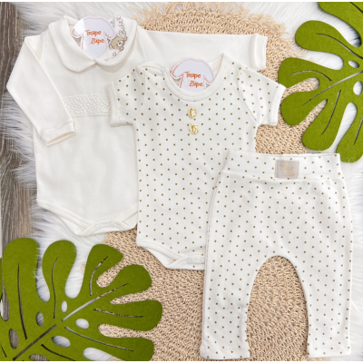 Conj. de Malha 3 peças - Ursa Bebê - Off White e Dourado